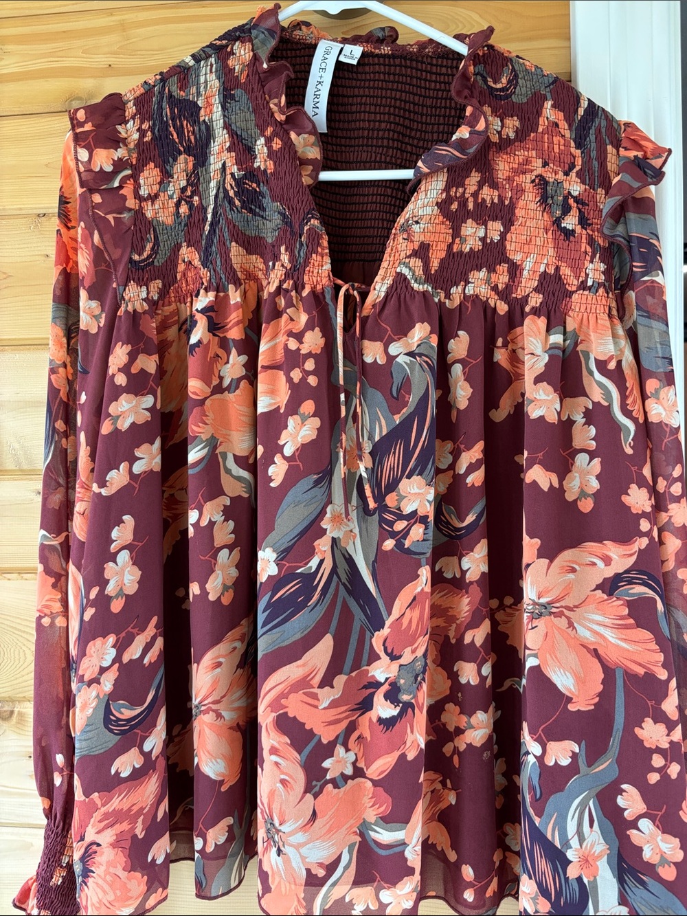 Grace Elements Burgundy Floral Smocked Yoke Blouse